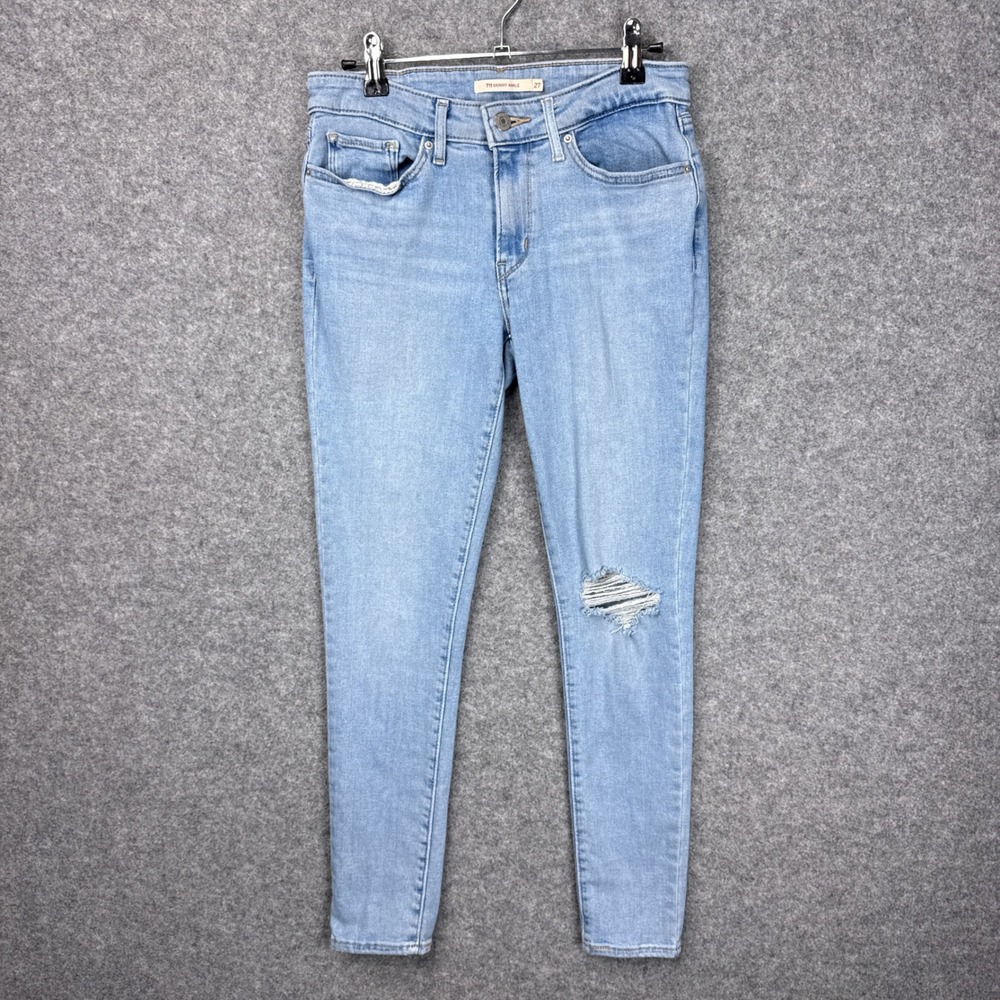 Levis Jeans 711‎ Skinny Ankle Size 27 Light Blue Distressed Denim Stretch Womens